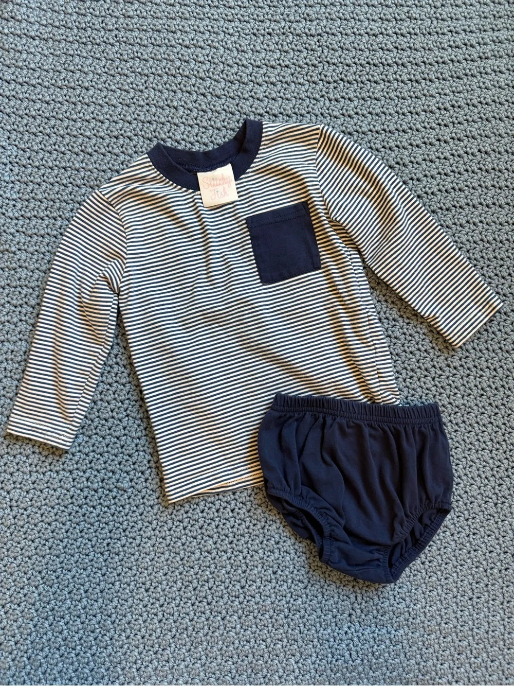 Stitchy Fish 18 mon Striped Navy & White Long-Sleeve with Navy Pocket Diaper Set